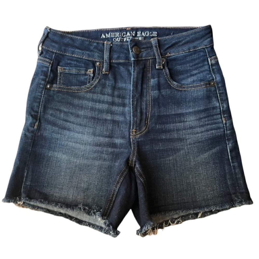 AMERICAN EAGLE Super Stretch Super Hi-Rise Shortie Raw Hem AEO X Jean Shorts